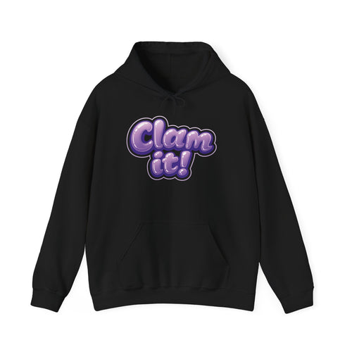 Crystal Collective Hoodie — "Clam it!" Purple Bubble Letter Design