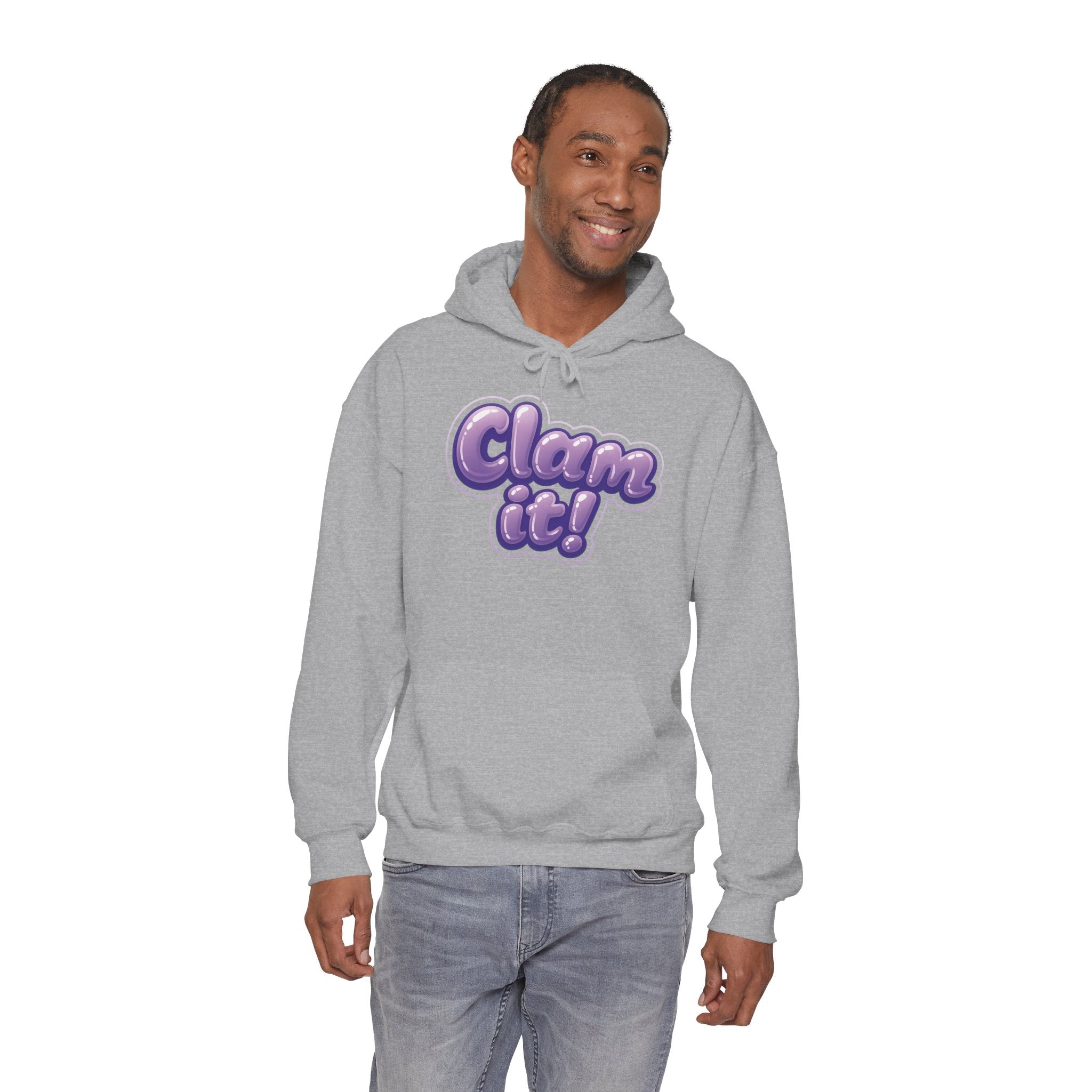 Crystal Collective Hoodie — "Clam it!" Purple Bubble Letter Design