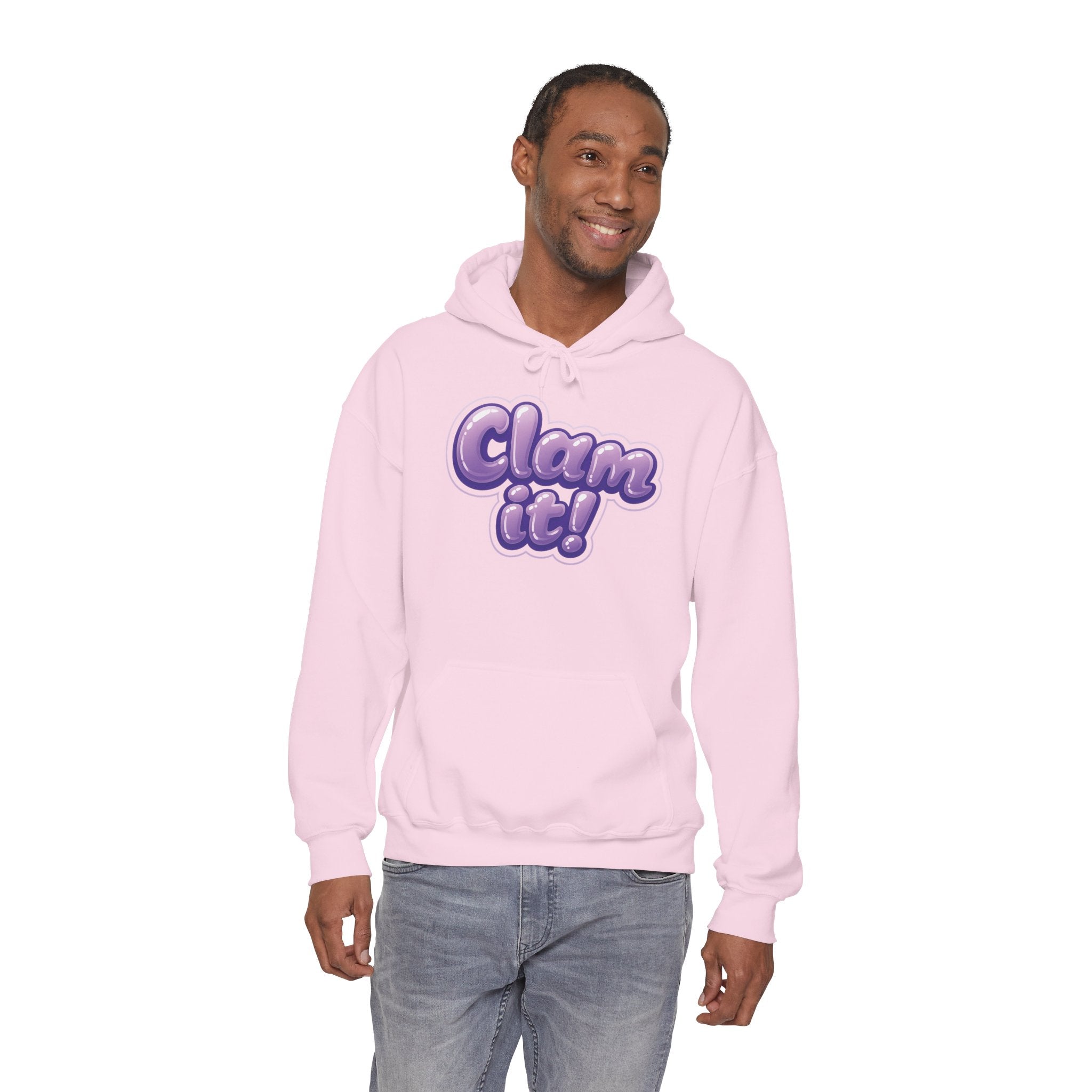Crystal Collective Hoodie — "Clam it!" Purple Bubble Letter Design