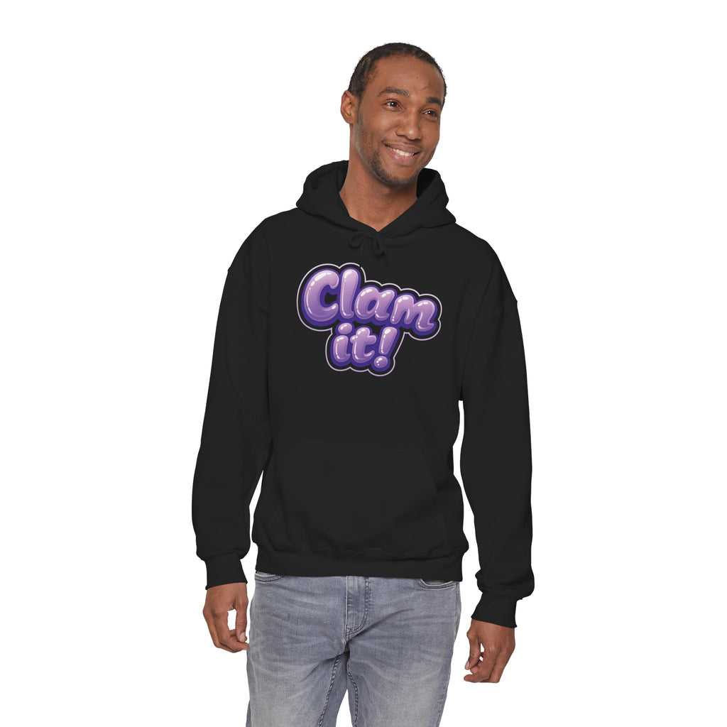 Crystal Collective Hoodie — "Clam it!" Purple Bubble Letter Design