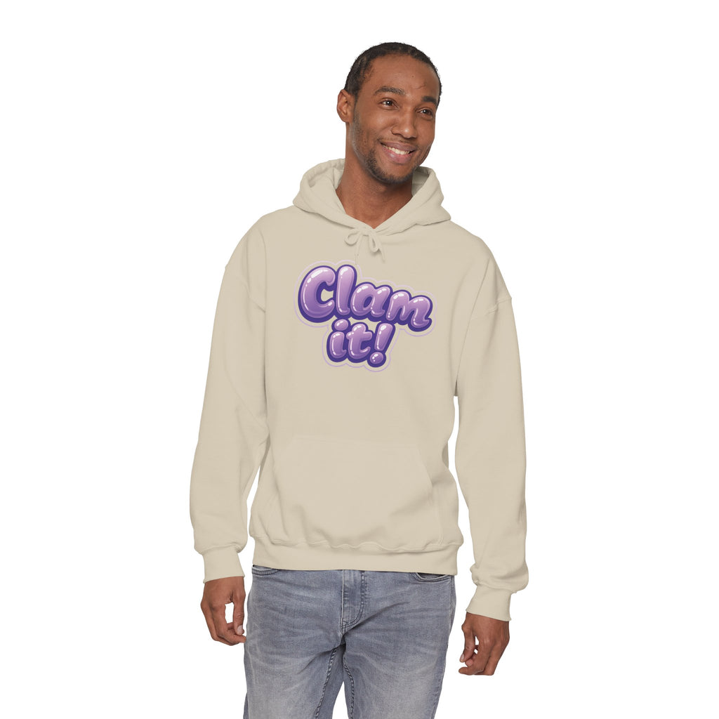 Crystal Collective Hoodie — "Clam it!" Purple Bubble Letter Design