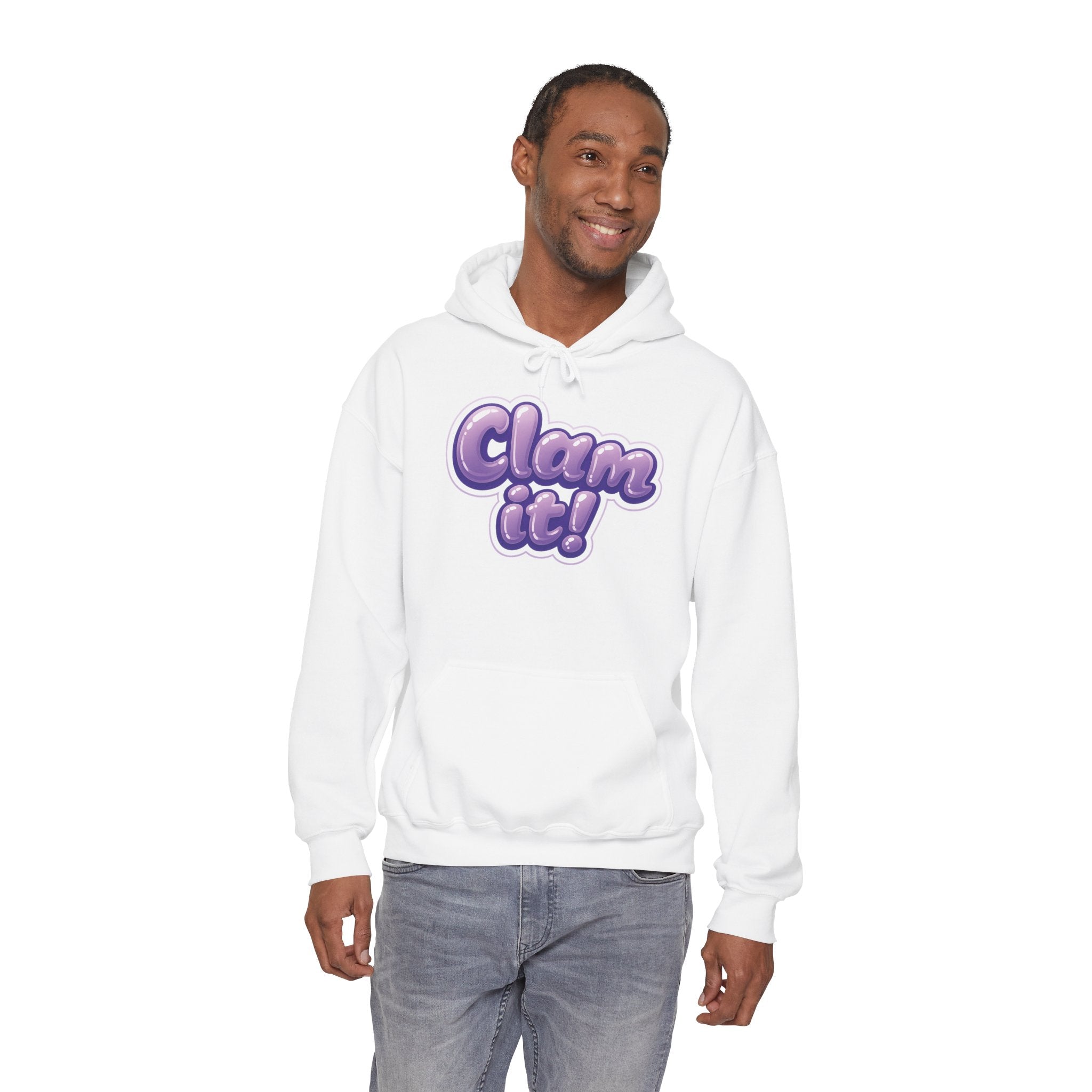 Crystal Collective Hoodie — "Clam it!" Purple Bubble Letter Design